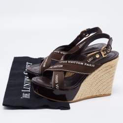 Louis Vuitton Brown Patent and Canvas Wedge Ankle Strap Sandals Size 36.5