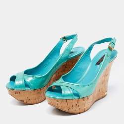 Louis Vuitton Turquoise Monogram Vernis Leather Pantheon Wedge Slingback Sandals Size 38