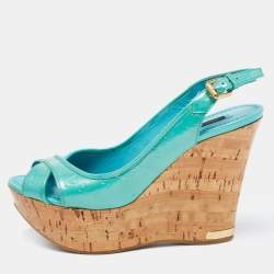 Louis Vuitton Turquoise Monogram Vernis Leather Pantheon Wedge Slingback Sandals Size 38
