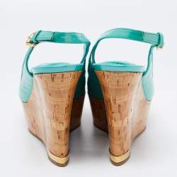 Louis Vuitton Turquoise Monogram Vernis Leather Pantheon Wedge Slingback Sandals Size 38
