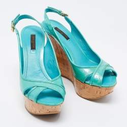 Louis Vuitton Turquoise Monogram Vernis Leather Pantheon Wedge Slingback Sandals Size 38