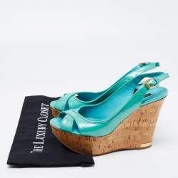 Louis Vuitton Turquoise Monogram Vernis Leather Pantheon Wedge Slingback Sandals Size 38