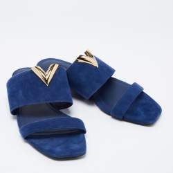 Pre Owned Louis Vuitton Blue Suede V logo Slide Sandals Size 40