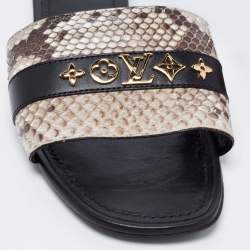 Pre Owned Louis Vuitton Black/Grey Python And Leather Flat Slide Sandals Size 40