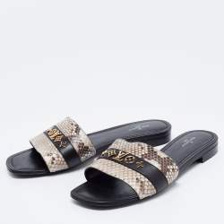 Pre Owned Louis Vuitton Black/Grey Python And Leather Flat Slide Sandals Size 40