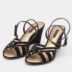 Louis Vuitton Black/Gold Suede and Leather Wedge Strappy Sandals Size 37