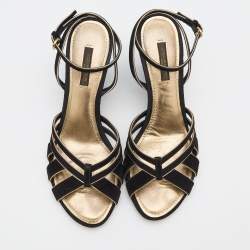 Louis Vuitton Black/Gold Suede and Leather Wedge Strappy Sandals Size 37