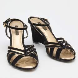 Louis Vuitton Black/Gold Suede and Leather Wedge Strappy Sandals Size 37
