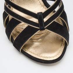 Louis Vuitton Black/Gold Suede and Leather Wedge Strappy Sandals Size 37