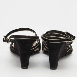 Louis Vuitton Black/Gold Suede and Leather Wedge Strappy Sandals Size 37