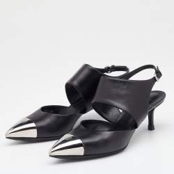 Pre Owned Louis Vuitton Black Leather Metal Cap Toe Slingback Pumps Size 36