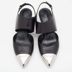 Pre Owned Louis Vuitton Black Leather Metal Cap Toe Slingback Pumps Size 36