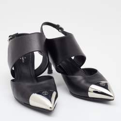 Pre Owned Louis Vuitton Black Leather Metal Cap Toe Slingback Pumps Size 36