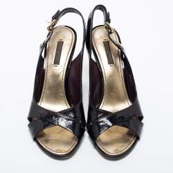 Pre Owned Louis Vuitton Black Monogram Vernis Leather Criss Cross Slingback Sandals Size 38