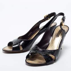 Pre Owned Louis Vuitton Black Monogram Vernis Leather Criss Cross Slingback Sandals Size 38