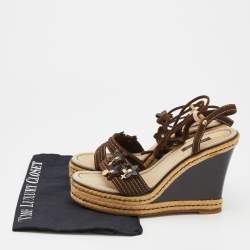 Louis Vuitton Brown Suede Embellished Wedge Espadrille Ankle Wrap Sandals Size 38