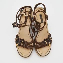 Louis Vuitton Brown Suede Embellished Wedge Espadrille Ankle Wrap Sandals Size 38