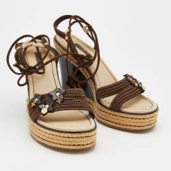 Louis Vuitton Brown Suede Embellished Wedge Espadrille Ankle Wrap Sandals Size 38