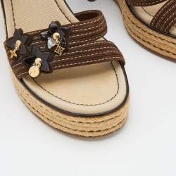 Louis Vuitton Brown Suede Embellished Wedge Espadrille Ankle Wrap Sandals Size 38