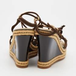Louis Vuitton Brown Suede Embellished Wedge Espadrille Ankle Wrap Sandals Size 38
