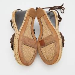 Louis Vuitton Brown Suede Embellished Wedge Espadrille Ankle Wrap Sandals Size 38