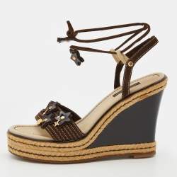 Louis Vuitton Black Suede Crisscross Ankle Wrap Wedge Sandals Size 39