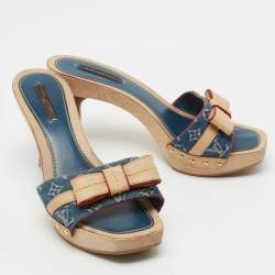 Louis Vuitton Blue Monogram Denim and Leather Bow Detail Slides Size 37