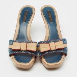 Louis Vuitton Blue Monogram Denim and Leather Bow Detail Slides Size 37