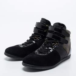 Louis Vuitton Black Leather and Monogram Canvas High Top Sneakers Size 36.5