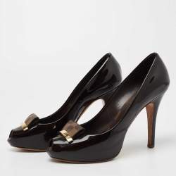 Pre Owned Louis Vuitton Burgundy Patent Leather Peep Toe Pumps Size 38