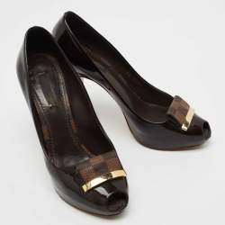 Pre Owned Louis Vuitton Burgundy Patent Leather Peep Toe Pumps Size 38