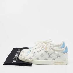 Pre Owned Louis Vuitton White/Blue Monogram Mesh and Leather Match Up Sneakers Size 37