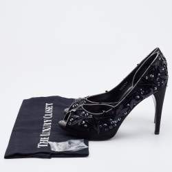 Pre Owned Louis Vuitton Black Satin and Patent Leather Peep Toe D'orsay Pumps Size Size 37.5