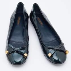 Pre Owned Louis Vuitton Dark Green Patent Leather Bow Ballet Flats Size 38.5