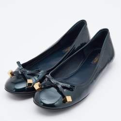 Pre Owned Louis Vuitton Dark Green Patent Leather Bow Ballet Flats Size 38.5