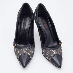Pre Owned Louis Vuitton Black/White Monogram Mini Lin Canvas and Leather Pointed Toe Pumps Size 36.5