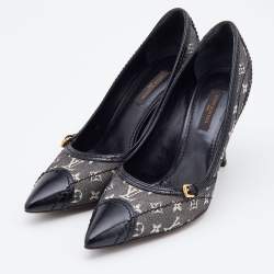 Pre Owned Louis Vuitton Black/White Monogram Mini Lin Canvas and Leather Pointed Toe Pumps Size 36.5