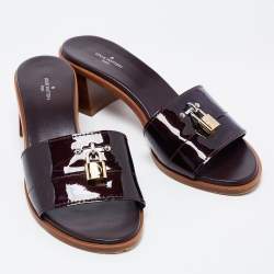 Louis Vuitton Burgundy Patent Leather Lockit Block Heel Slide Sandals Size 39