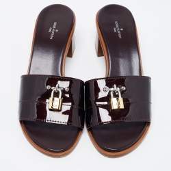Louis Vuitton Burgundy Patent Leather Lockit Block Heel Slide Sandals Size 39