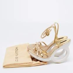 Pre Owned Louis Vuitton Gold Leather Round Wedge Ankle Strap Sandals Size 39