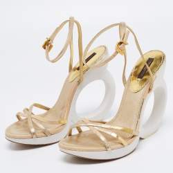 Pre Owned Louis Vuitton Gold Leather Round Wedge Ankle Strap Sandals Size 39
