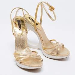 Pre Owned Louis Vuitton Gold Leather Round Wedge Ankle Strap Sandals Size 39