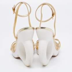 Pre Owned Louis Vuitton Gold Leather Round Wedge Ankle Strap Sandals Size 39
