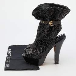 Louis Vuitton Black Sequins and Leather Mid Calf Platform Boots Size 39.5