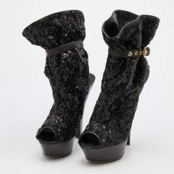 Louis Vuitton Black Sequins and Leather Mid Calf Platform Boots Size 39.5