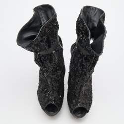Louis Vuitton Black Sequins and Leather Mid Calf Platform Boots Size 39.5