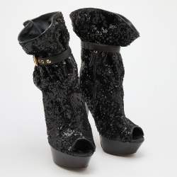 Louis Vuitton Black Sequins and Leather Mid Calf Platform Boots Size 39.5