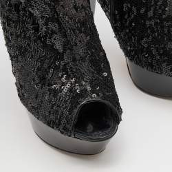 Louis Vuitton Black Sequins and Leather Mid Calf Platform Boots Size 39.5
