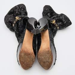 Louis Vuitton Black Sequins and Leather Mid Calf Platform Boots Size 39.5
