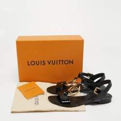 Pre Owned Louis Vuitton Black Patent Leather LV Logo Slingback Flat Sandals Size 39